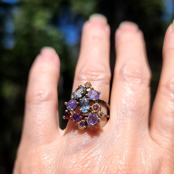 Blue Topaz Tanzanite Amethyst & Rhodolite Sterling 🍸 Cocktail 💍 ring sz6.5 - Picture 7 of 8